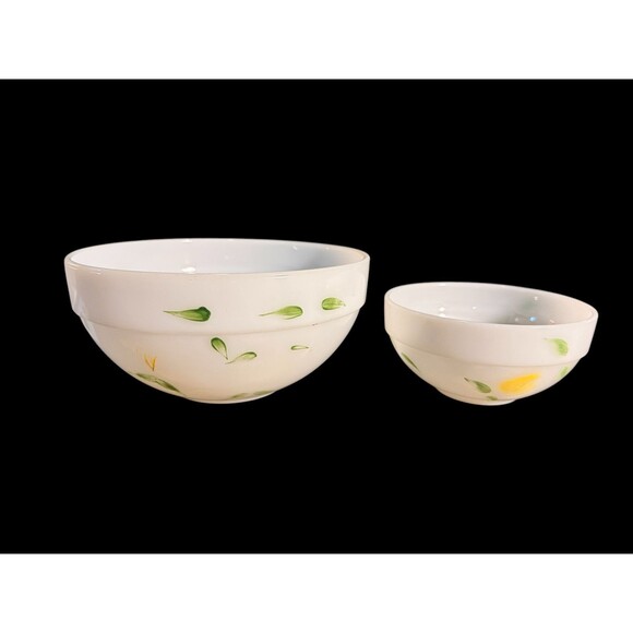 Vintage Fire King White Milk Glass Yellow Painted Green Yellow Set Of 2 Bowls - Picture 1 of 9